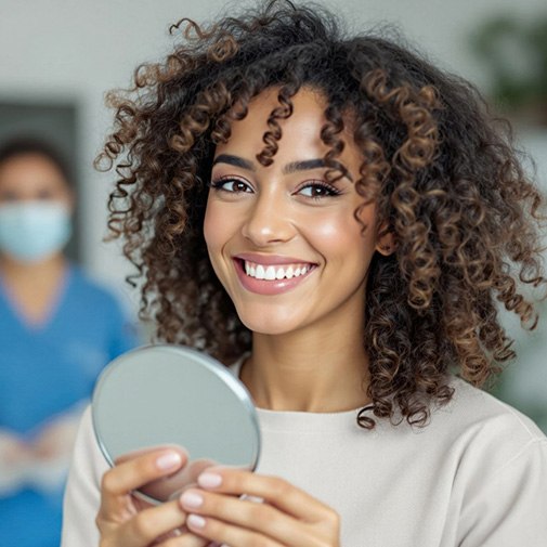 Woman smiling while holding small mirror