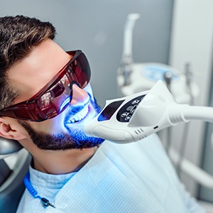 Man in shaded goggles undergoing in-office teeth whitening